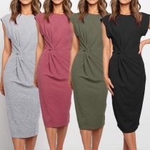 Elegant Solid Color Sleeveless Round Neck Slim FDit Twisted Dress