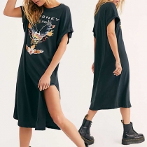 Retro Style Short Sleeve Round Neck Slit Hem Eagle Printed T-shirt Dress