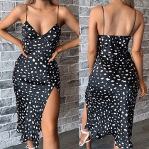 Sexy Backless V-neck Slit Hem Slim Fit Sling Printed Dress
