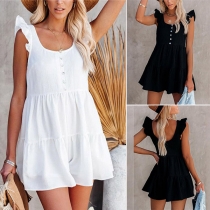 Sexy Backless Ruffle Cuff Solid Color High Waist Romper