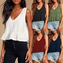 Fashion Solid Color Sleeveless V-neck Ruffle Hem Top