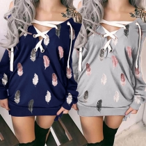 Sexy Lace-up V-neck Long Sleeve Feather Printed Sweatshirt Dress