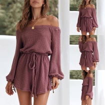 Sexy Off-shoulder Boat Neck Lantern Sleeve Drawstri8ng Waist Romper
