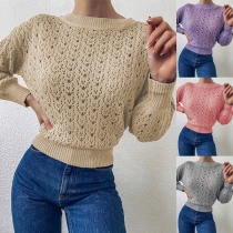 Fashion Solid Color Long Sleeve Round Neck Hollow Out Knit Sweater