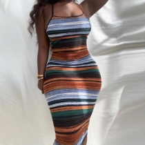 Sexy Backless Colorful Stripe Printed Slim Fit Sling Dress