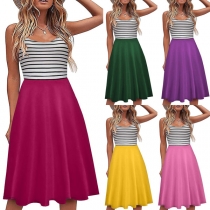 Fashion Stripe Spliced Backless High Waist S ling Beach Dress