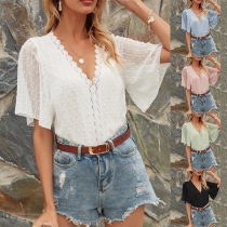 Sexy V-neck Trumpet Sleeve Lace-trim Solid Color Top