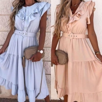 Sweet Style Sleeveless V-neck Solid Color Ruffle Dress with Waistband