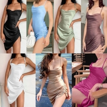 Sexy Backless Irregular Hem Solid Color SLing Wrinkled Dress