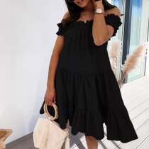 Sweet Style Stringy Selvedge Boat Neck Solid Color Loose Dress