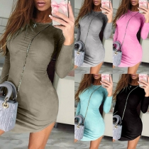 Simple Style Long Sleeve Round Neck Arc Hem Solid Color Slim Fit Dress