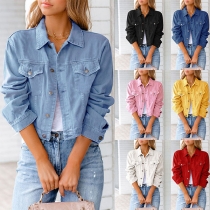 Fashion Long Sleeve POLO Collar Single-breasted Denim Coat