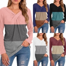 Fashion Contrast Color Crossover V-neck Long Sleeve T-shirt