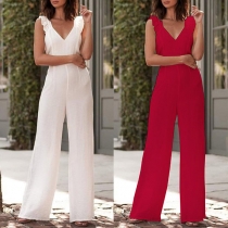 Sexy Backless Deep V-neck Sleeveless High Waist Red-tone Jumpsuit