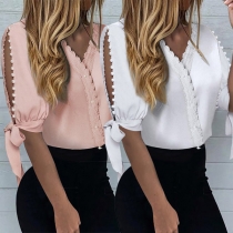 Chic Style Slit Beaded Short Sleeve Lace-trim V-neck Blouse
