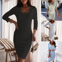 Simple Style Long Sleeve V-neck Solid Color Slim Fit Dress