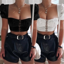 Sexy Off-shoulder Boat Neck Short Sleeve Hollow Out Lace-up Sling Crop Top
