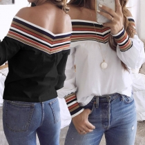 Fashion Striped Spliced Long Sleeve Boat Neck Top