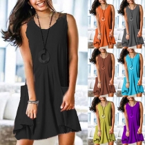 Simple Style Sleeveless Round Neck Front-pocket Solid Color Tank Dress