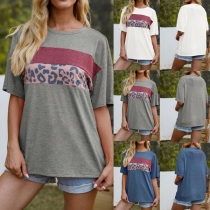 Casual Style Contrast Color Leopard Spliced Short Sleeve Round Neck Loose T-shirt