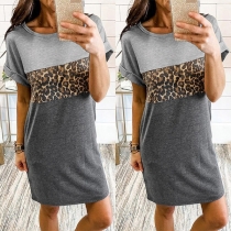 Fashion Leopard Spliced Short Sleeve Round Neck T-shirt Dress