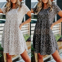 Fashion Short Sleeve Round Neck High Waist Leopard Printed Dress