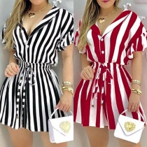 Fashion Lotus Sleeve Lapel Tie-belt High Waist Stripe Shirt Dress