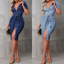 Fashion Short Sleeve POLO Collar Single-breasted Slim Fit Denim Dress