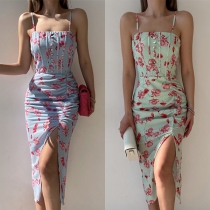 Sexy Backless Irregular Slit Hem Slim Fit Sling Printed Dress
