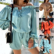 Sexy Ruffle Boat Neck Long Sleeve Drawstring Waist Romper