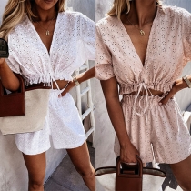 Sexy V-neck Short Sleeve Drawstring Hem Lace Top + High Waist Shorts Two-piece Set
