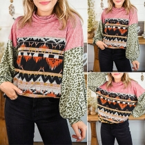 Bohemian Style Leopard Spliced Lantern Sleeve Coel Neck Printed Top
