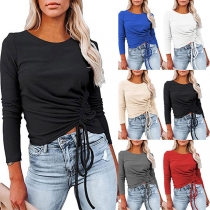 Fashion Solid Color Long Sleeve Round Neck Drawstring T-shirt