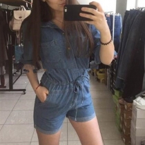 Fashion 3/4 Sleeve POLO Collar Drawstring High Waist Denim Romper