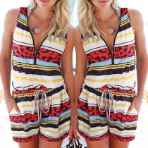 Casual Style Sleeveless Zipper V-neck Leopard Stripe Printed Romper