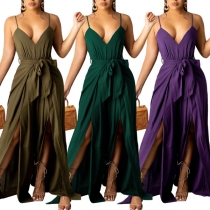 Sexy Backless V-neck Slit Hem High Waist Solid Color Wide-leg Sling Jumpsuit