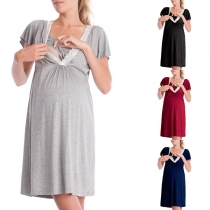 Fashion Solid Color Lotus Sleeve Lace Spliced V-neck Multifunctional Maternity Dress