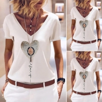 Fashion Short Sleeve V-neck Heart Pattern T-shirt
