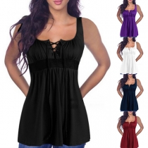 Simple Style Solid Color Sleeveless U-neck Front Lace-up Top