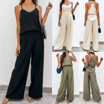 Sexy Backless V-neck Sling Top + High Waist Wide-leg Pants Two-piece Set