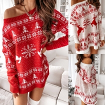 Fashion Long Sleeve Round Neck Christmas Printed Knit Dress