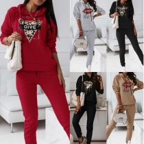Casual Style Lip Pattern Hooded Sweatshirt + Pants Two-piece Set