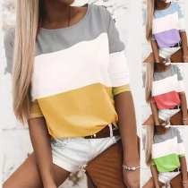 Fashion Long Sleeve Round Neck Contrast Color T-shirt