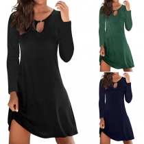 Fashion Solid Color Long Sleeve Hollow Out Round Neck Dress