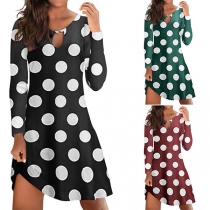 Playful Style Long Sleeve Round Neck Dots Printed Dress