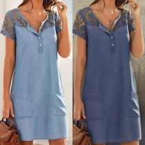 Fashion Hollow Out Lace Spliced Short Sleeve Front-pocket Denim Dress