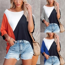 Casual Style Dolman Sleeve Round Neck Contrast Color T-shirt
