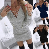 Sexy Hollow Out V-neck Long Sleeve Front-button Slim Fit Knit Dress