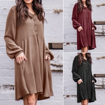 Casual Style Lantern Sleeve V-neck Solid Color Loose Dress