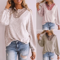 Fashion Contrast Color Long Sleeve Round Neck Front-button Knit Top